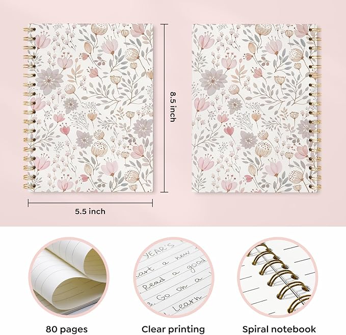 Boho Flower Pastel Notebooks Journal College Ruled, Floral College Ruled Notebooks for Note Taking, Girly Wildflower Pretty Journal Journaling, Spiral Notebook 5.5x8.3