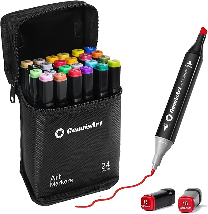 Alcohol Markers, 24 Colors Chisel & Fine Dual Tips,Paint Markers For Coloring, Drawing, Sketching, Card Making and DIY Patinting- Perfect for Adults and Kids (Black Barrel, 24)