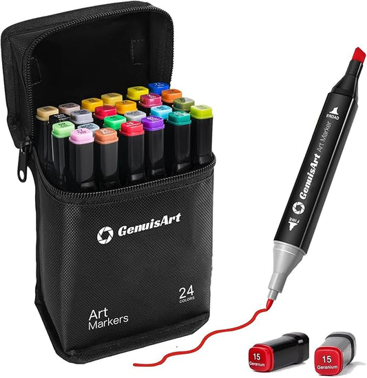 Alcohol Markers, 24 Colors Chisel & Fine Dual Tips,Paint Markers For Coloring, Drawing, Sketching, Card Making and DIY Patinting- Perfect for Adults and Kids (Black Barrel, 24)
