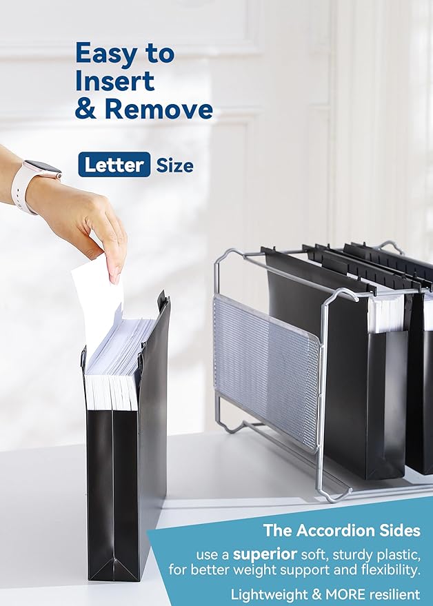 Plastic Extra Capacity Hanging File Folders, 2" Expanding Pocket, Heavy Duty for Filing Cabinet, Insertable 1/5-Cut Tabs, Letter Size - 12 Pack