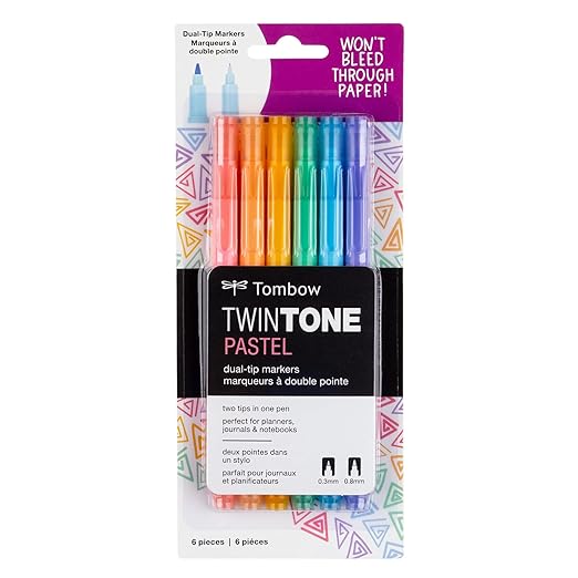 Tombow TwinTone Marker Set, 6-Pack Pastel. Double-Sided Markers Perfect for Planners, Journals, Doodling, and More!