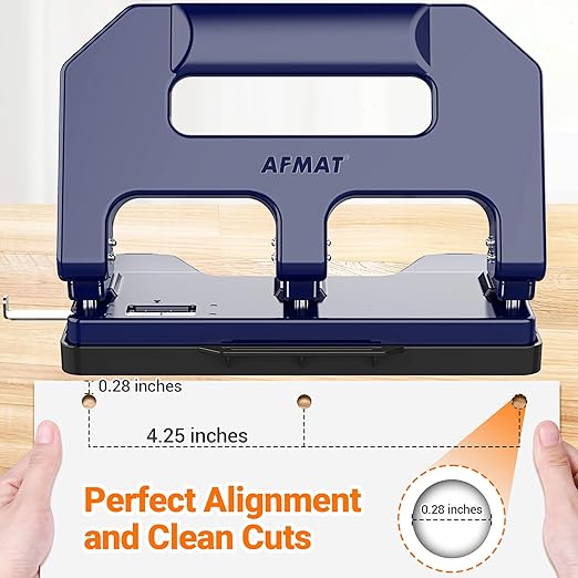 AFMAT HPX1 Heavy Duty 3 Hole Punch, 3 Hole Puncher for Binder, 40-Sheet Three Hole Punch w/ 10000+ Uses, Metal Hole Puncher 3 Ring, 50% Reduced Effort, Bulit-in S.S. Paper Guide (Blue)