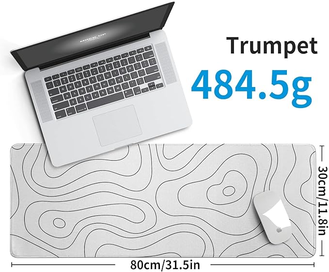 White Large Gaming Mouse Pad Desk Pad Topographic Map Big Keyboard Mat 31.5x11.8inch Computer Mousepad with Stitched Edge Non-Slip Rubber Base