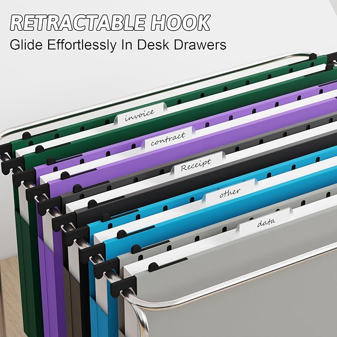 Plastic Legal Size Hanging File Folders,Heavy Duty 1 Inch Expansion with Adjustable Tabs,12 Pack Reinforced Legal Expandable Hanging Folders,Filing Cabinet Folder for Bulky Files-Colorfu