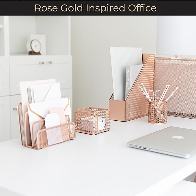 Blu Monaco Rose Gold Metal Mesh Letter Sorter – 3-Slot Mail Organizer for Desk, Office & Home – Space-Saving Vertical Mail Holder for Envelopes, Documents & Files – Modern Desk Organizer