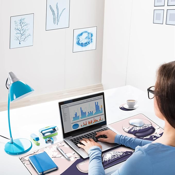 ARTSO Large Mouse Pad Set Ergonomic Keyboard Wrist Rest Support, Memory Foam Gel Wrist Pad, Non-Slip Extended Desk Mat Protector, Pink Sakura Fuji Mountain