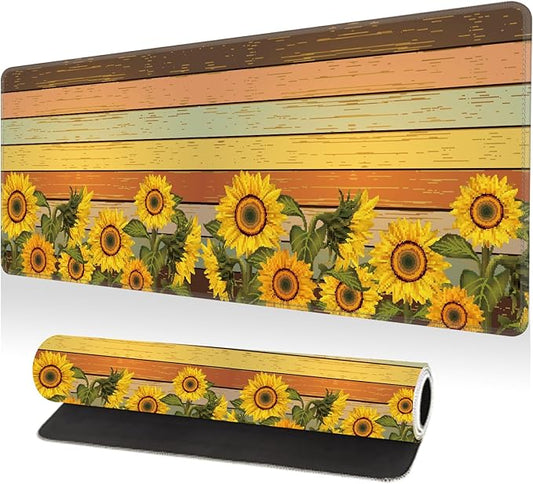 Large Desk Mat, Desk Matt for Desktop, Computer Gaming Mouse Pads, Anti-Slip Rubber Base, Stitched Edges Soft Mat for Desktop Office Home 31.5 x 11.8 Inches (Vintage Sunflower)