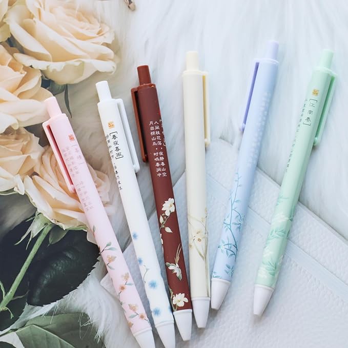 PapaBear Stylish Beautiful Scenery Printed Gel Pen, Retractable Ballpoint Pen, 0.5mm, Black Ink, Elegant and Classy Pen, 6-Pack