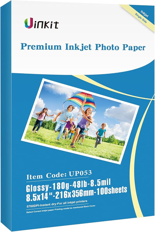 Uinkit Glossy Inkjet Photo Paper 8.5X14 Inches 48lb 100 Sheets Legal Size Professional Glossy Photographic Paper Compatible with Inkjet Printer Use DYE INK 180gsm