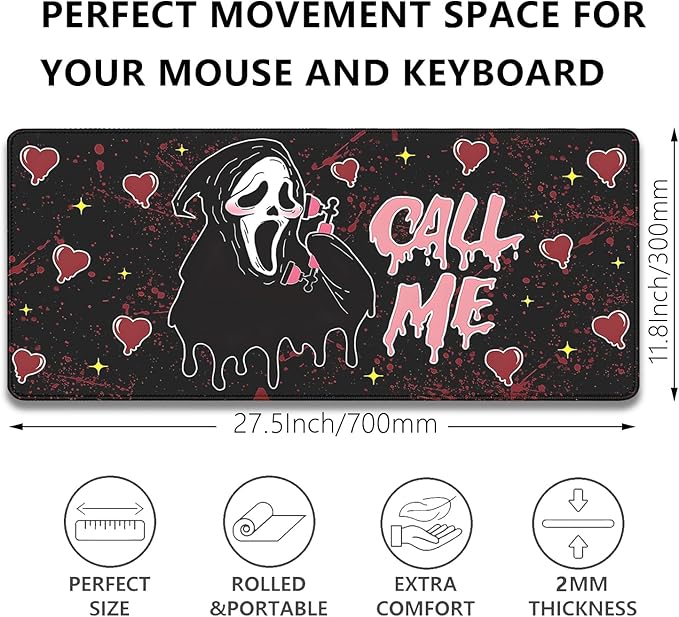 Call Me Mouse Pad Ghostface Desk Pat,Mouse Mat Large Desk Mat for Desktop,Stitched Edges Non-Slip Waterproof Rubber Base Mous Mat for Office Computer Keyboard Laptop and Home(27.5X11.8 in)