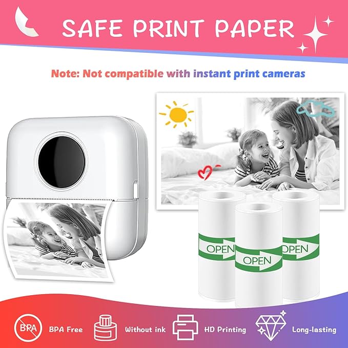 10 Rolls Colorful Mini Thermal Printer Sticker Paper, 57x25mm, High-Contrast Sticker Paper for Mini Pocket Printer, BPA-Free