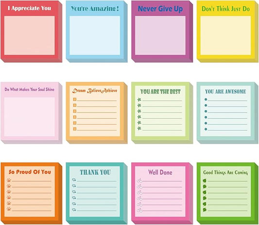 Idealmuzik 12 Pack 3x3 Inch Colorful Inspirational Sticky Notes for Work, Home, or School