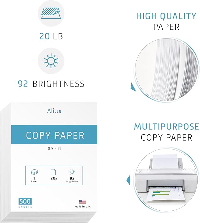 Printer Paper - 8.5 x 11 White Letter Size Copy Paper, 1 Ream 500 Sheets 20 lb Printing Paper for Documents Writing, Drawing, Smooth, 92 Bright | Home, School, Office Supplies | Made in USA