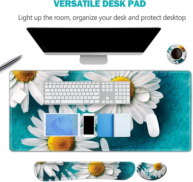 ARTSO Large Gaming Mouse Pad Set, Keyboard Wrist Rest Support + Mouse Wrist Cushion + Extended Mousepad + Coaster, 35x15.5in Multifunctional Desk Mat 4pcs, Cute Daisy
