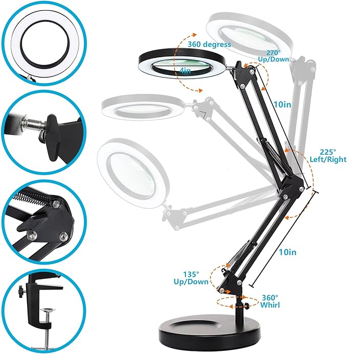 KIRKAS 10X Magnifying Glass with Light and Stand, 2-in-1 Stepless Dimmable LED Desk Lamp with Clamp, 3 Color Modes Lighted Magnifier Swivel Arm Light for Reading, Craft, Close Works - Black