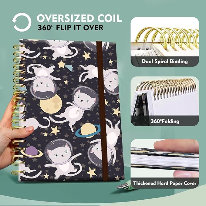 Spiral Journal Notebook,Strong TwinWire Binding with Premium Paper for Girl Women,Cool Funny 120 Pages,100gsm A5 College Ruled NotebookJournal,Perfect for Gifts Nurse Teacher Women(Cute Cat Star)