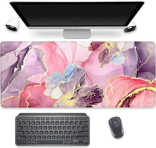 Pink Abstract Watercolor Vintage Flowers Desk Pad Mouse Pad,Floral Extended Large Gaming Mouse Mat with Stitched Edges,Non-Slip Waterproof Rubber Base Mousepad for Office Work Home(27.5X11.8 in)