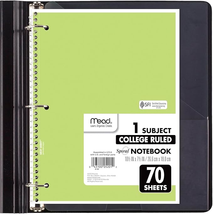Mead Spiral Notebook, 6 Pack, 1 Subject, College Ruled Paper, 7-1/2" x 10-1/2", 70 Sheets per Notebook, Assorted Pastel Colors (830049)