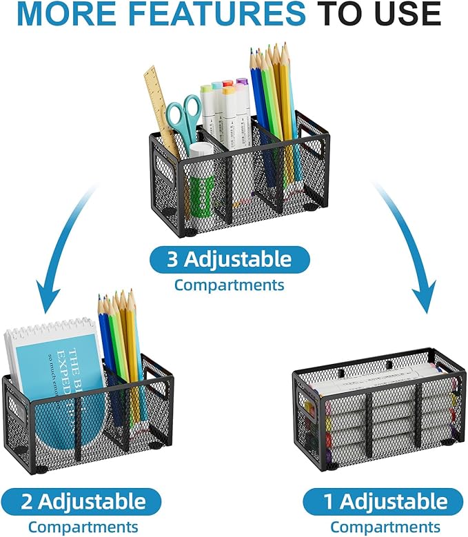 Marbrasse 2P Mesh Pen Holder for Desk,Pencil Holder Desk Organizer 3 Adjustable Compartments,Pencil Cup with Handle Perfect for Classroom, Office, Home,Makeup,Art (Black)