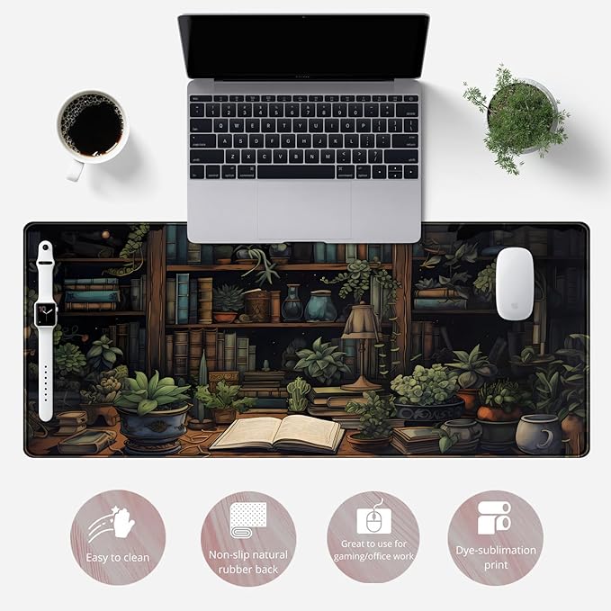Desk Mat Green Bonsai Library Book Mouse Pad Big Vintage Aesthetic Desk Pad Flower Plant Extended Mouse Pad Large Gaming Mousepad XXL Keyboard Mouse Mat Desktop Mat Office Desk 31.5 X 11.8 in