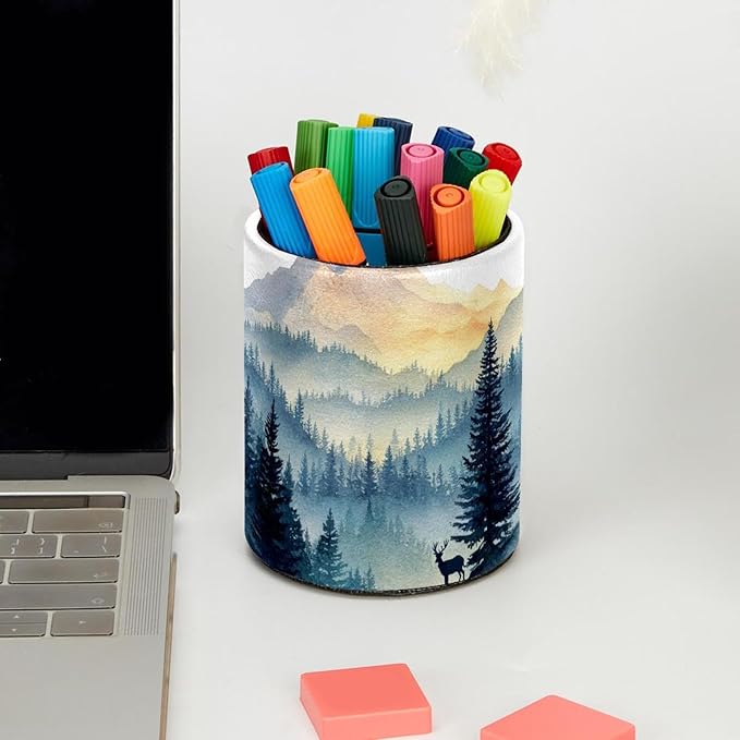 Watercolor Mountain Deer PVC Leather Circular Pencil Holder for Desk Organizer Stationery Holder for Office, School(3.9 x 3.1 Inches)