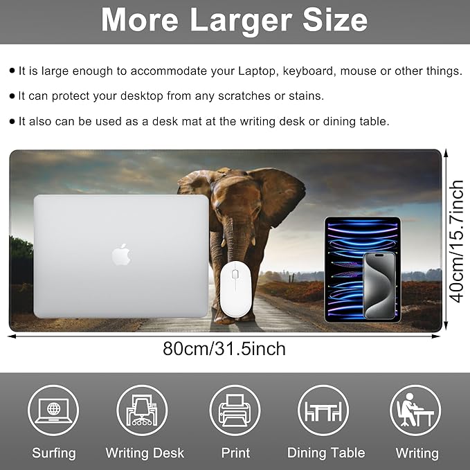 Mouse Pad, Large Walking Elephant Desk Mat, Extended Non-Slip Gaming Keyboard Mousepad Desk Pad, Thick Stitched Edges Waterproof Mouse Mat 31.5"x15.7" (Beautiful Natural Landscape)