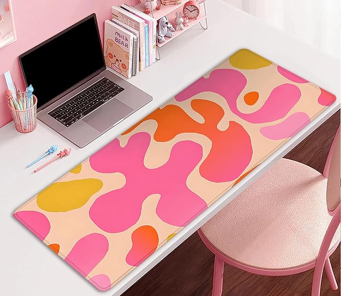 Pink Desk Mat Mouse Pad,Abstract Mouse Pad XL Cute Desk Pad Keyboard Mat,Desk Accessories for Women Office Decor, Extended Mousepad Non-Slip Rubber Base with Stitched Edges(27.5X11.8 in)