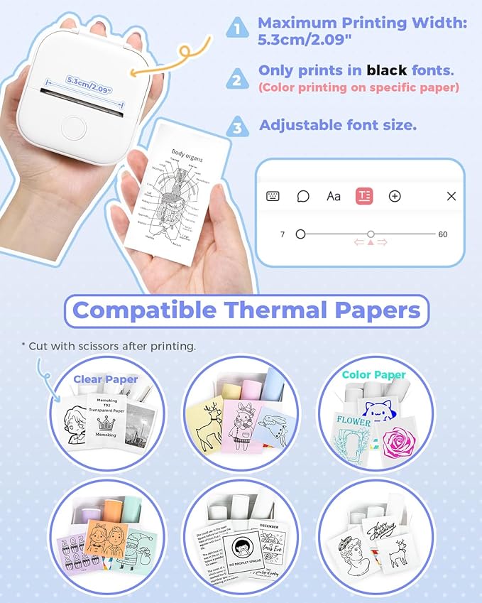 Memoking Sticker Printer - Mini Printer T02 Thermarote Mini Inkless Label Makers Thermal Sticker Maker Machine for Children Students, Compatible with Phone & Tablet, White