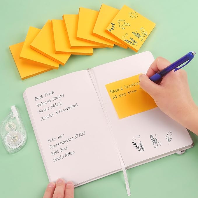 Sticky Notes 3x3 Self-Stick Notes Bright Colors Sticky Notes 8 Pads 80 Sheet/Pad (Orange)