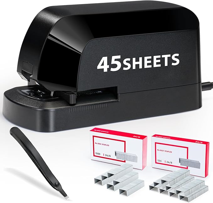 Electric Stapler for Desk Value Pack, 45 Sheet Capacity, Includes 1500 Staples & Staple Remover, No-Jam, Faster Stapling, AC Adapter Powered, Black