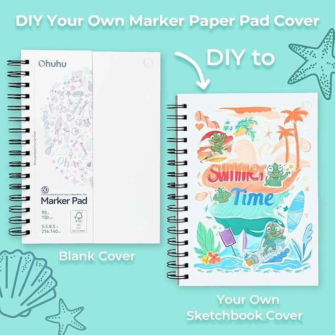 Ohuhu Double-Sided Marker Pads Art Sketchbook Bleedproof - 5.5"x8.5" Small Paper Size - 90 lb/150 gsm Smooth Drawing Paper - 60 Sheets/120 Pages, Spiral Bound Sketching Book for Alcohol Markers Paints