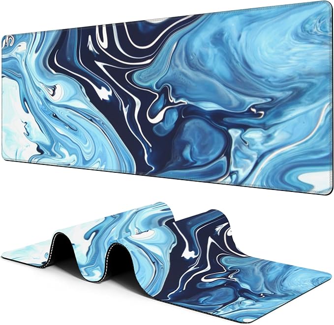 Large Gaming Mouse Pad for Desk Blue Marble Art Big Desk Mat Extended Mousepad with Stitched Edge and Non-Slip Base Long Computer Keyboard Mouse Mat for Home Office Work, 11.8 x 31.5 Inch