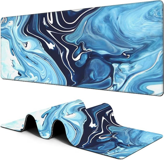 Large Gaming Mouse Pad for Desk Blue Marble Art Big Desk Mat Extended Mousepad with Stitched Edge and Non-Slip Base Long Computer Keyboard Mouse Mat for Home Office Work, 11.8 x 31.5 Inch