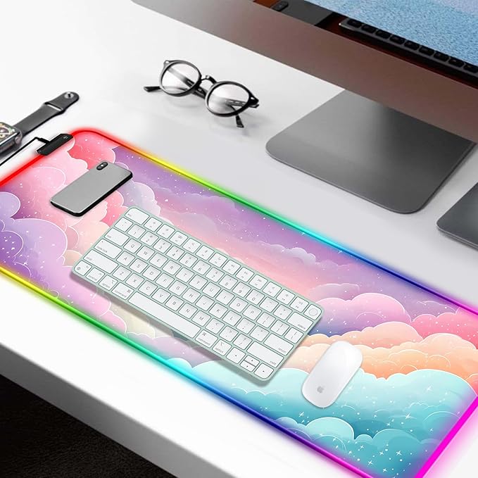 RGB Dreamy Colorful Cloud and Star Gaming Desk Mat, Computer Keyboard Large Extended Long Girly LED Mouse Pad for Office and Home, XL (W08)