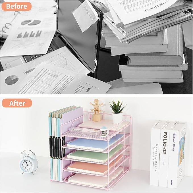 AUPSEN Desk File Organizer, 5-Tier Paper Letter Tray with File Holder Multifunction Office Supplies and Accessories for Office School Home (Pink)