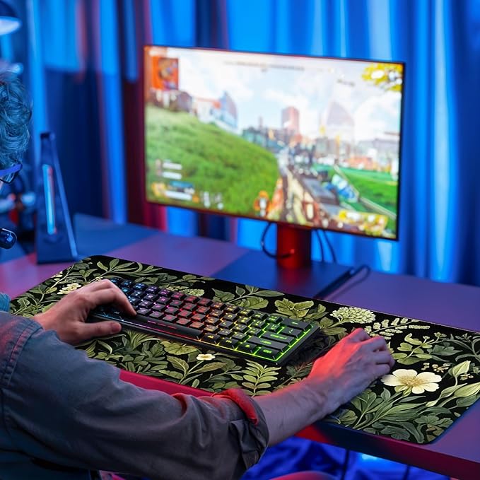 Gaming Mouse Pad Flower Botanical Extra Large, Oversized VintageFloral Plant Mousepad Non-Slip Base Stitched Edges, Birthday Gifts for Women Men, Long Desk Mat for Keyboard and Mouse 15.7”x 34.7”XXL