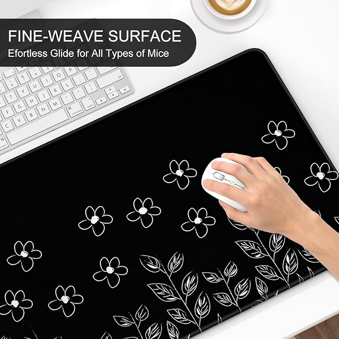 Auhoahsil Desk Mat, Ultra Large Mouse Pad, XXL Gaming Mousepad, Pretty Desk Pad, Big Extended Full Size Desktop Desk Matt for Keyboard, Laptop & Computer, 35.5 x 15.7 in, Minimalist Flower Black