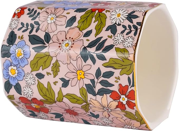 Jwest Pen Holder, Makeup Brush Holder Ceramic Shiny Gold Vintage Floral Flowers Pattern Pencil Cup for Girls Kids Women Durable Stand Desk Organizer Storage Gift for Office, Classroom, Home Pink