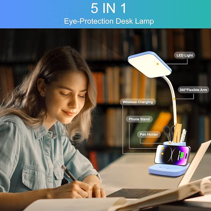 Sailstar Small Desk Lamp, Blue Desk Lamp with Pen Holder, Wireless Charger LED Desk Lamps for Home Office, 800LM Gooseneck 3 Modes Dimmable Touch Cute Desk Lamps, Study Lamps for College Dorm Room