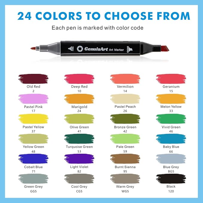 Alcohol Markers, 24 Colors Chisel & Fine Dual Tips,Paint Markers For Coloring, Drawing, Sketching, Card Making and DIY Patinting- Perfect for Adults and Kids (Black Barrel, 24)