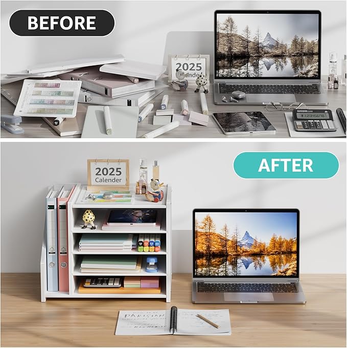 Wood Paper Tray Organizer for Desk - 5 Tier Desk Top File Storage Office Workspace Desktop Organization Stationary Small Wooden Shelf, White