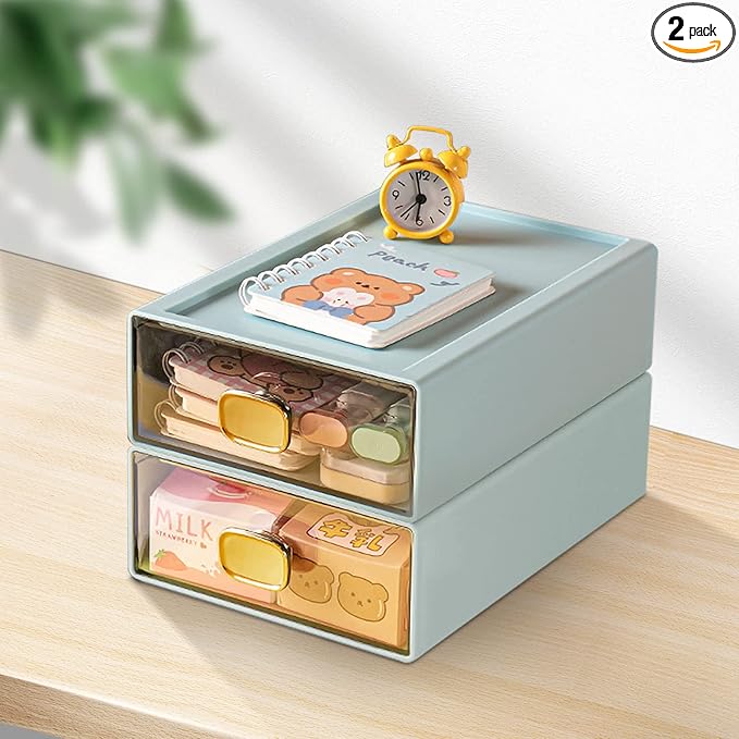 2 PACK Stackable Desk Organizer with Drawer Desktop Storage Drawer Box Plastic Desk Stationery Organizer for Office Supplies, Pens, Mails, Makeup, Letters (Blue, M - 1 Drawer, Pack of 2)