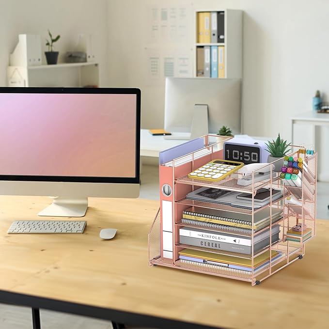 Desk Organizer with Magazine Holder, 5-Tier Paper Organizer for Desk with Pen Holder, Paper Letter Tray for Home, Office or School Supplies, Rose Gold
