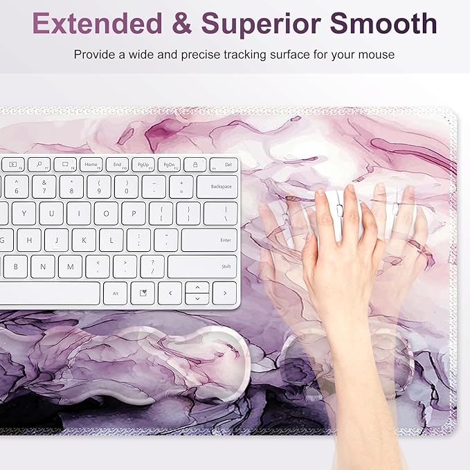 Gaming Mouse Pad Keyboard Wrist Support, 4 in1 Mousepad Set with Wrist Keyboard Rest, Computer Desk Mat, Non-Slip Desk Pad Protector with Memory Foam Easy Typing Pain Relief I Purple Marble
