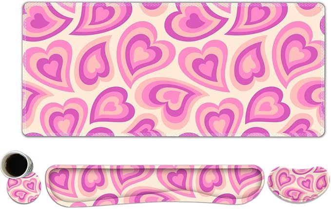 Keyboard Mouse Pad Set, Extended Gaming Mouse Pad +Keyboard Wrist Support +Mouse Wrist Rest +Coaster, 35.4x15.7 in XXL Large Ergonomic Desk Mat 4in1 Set for Home Office, Pink Heart