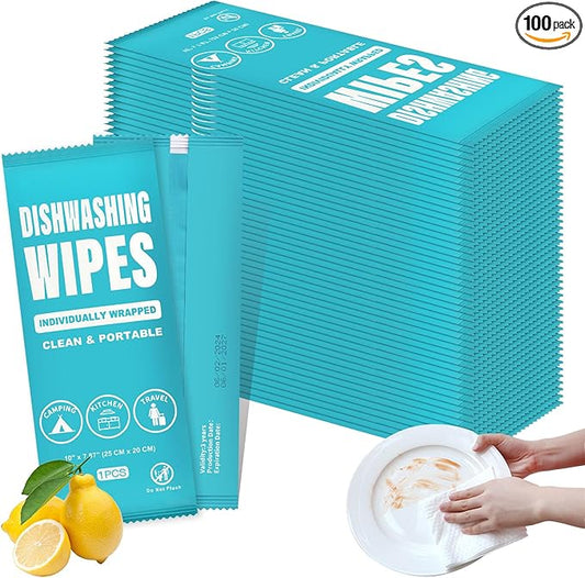 Dish Cleaning Wipes Individually Wrapped, Portable Kitchen Disposable Dish Soap Wipes Bulk Travel Size Quick Cleaning Dishes Dishwashing Pads Wipes for Outdoor Traveling/Camping/Hotel (100 Pcs)