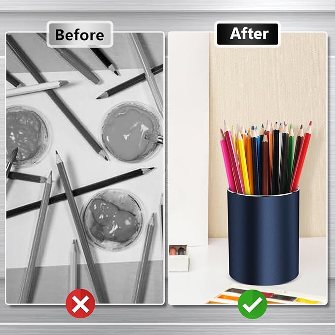 Metal Pen Holder for Desk Round Aluminum Desktop Organizer and Makeup Brush Holder Storage Box for Office, School, Home, and Kids, Non-slip silicone bottom3.9×3.14inch (Blue)