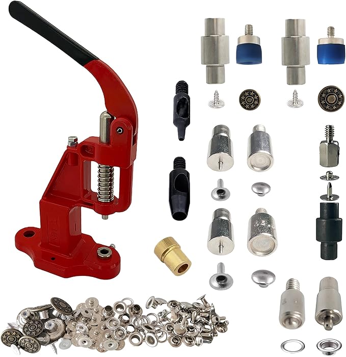 Hand Press with Brass 14 mm and 17 mm Jean Buttons Nipple Rivets 5mm (Nr3) Eyelets 7 and 9 mm Single Capped Rivets Matching Dies and Hole Punch (Red Press)