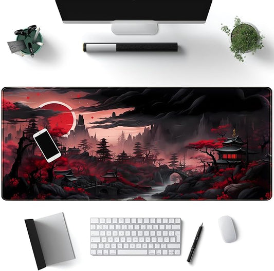 Riverside Full Moon Desk Pad Black Red Desk Mat Japanese Anime Extended XXL Keyboard Pad for Desk Gaming Computer Laptop Office Mouse Pad with Stitched Edges Non-Slip Large Computer Mat 31.5x11.8 in