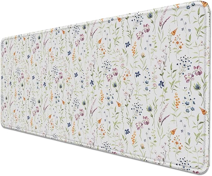 Wildflowers Flowers Mouse Pad,Large White Floral Mousepad Desk Pad with Stitched Edges,Non-Slip Waterproof Rubber Base Mouse Mat for Office Computer Keyboard Laptop Home(27.5x11.8 in)